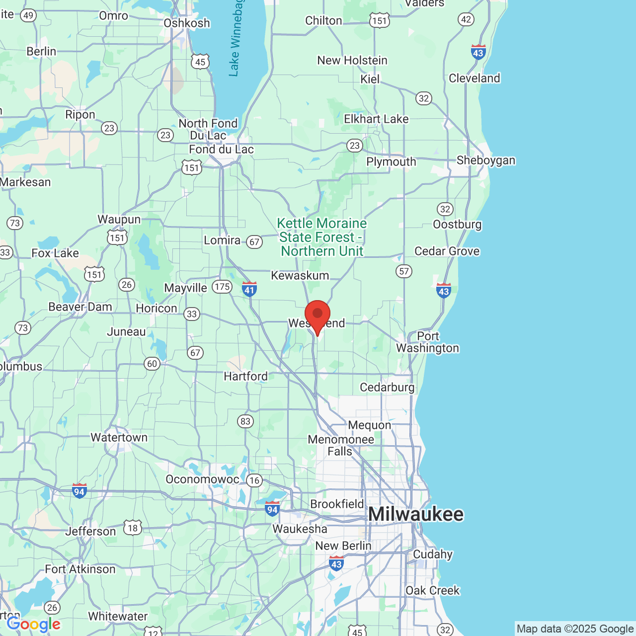 Google map image of our location in 333 W Paradise Dr West Bend, WI